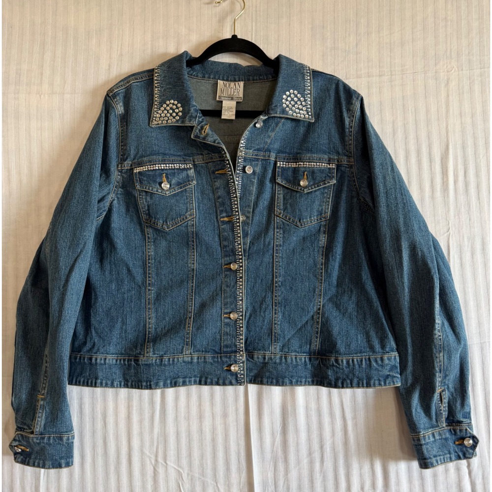Nolan Miller Glamour Style Rhinestone Embellished Denim Jacket Blue XL A7880